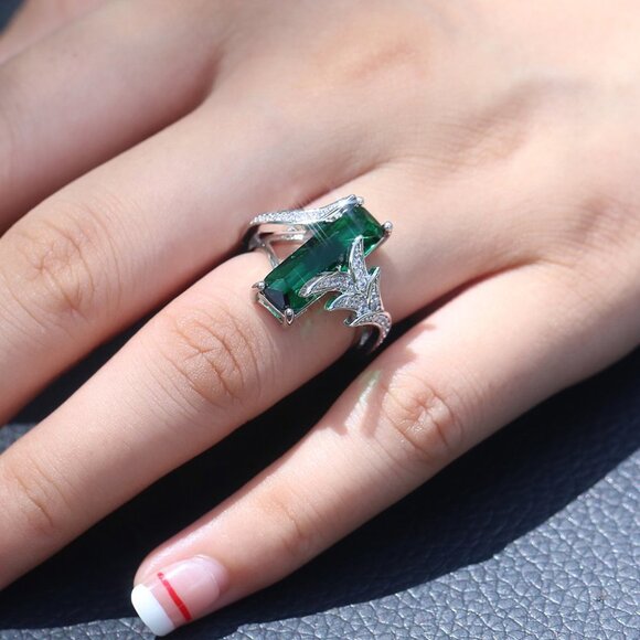 💎 Dainty Pure Green Gemstone Leaf Colorful Zircon Rings for Women, INDN8227 - Picture 6 of 6